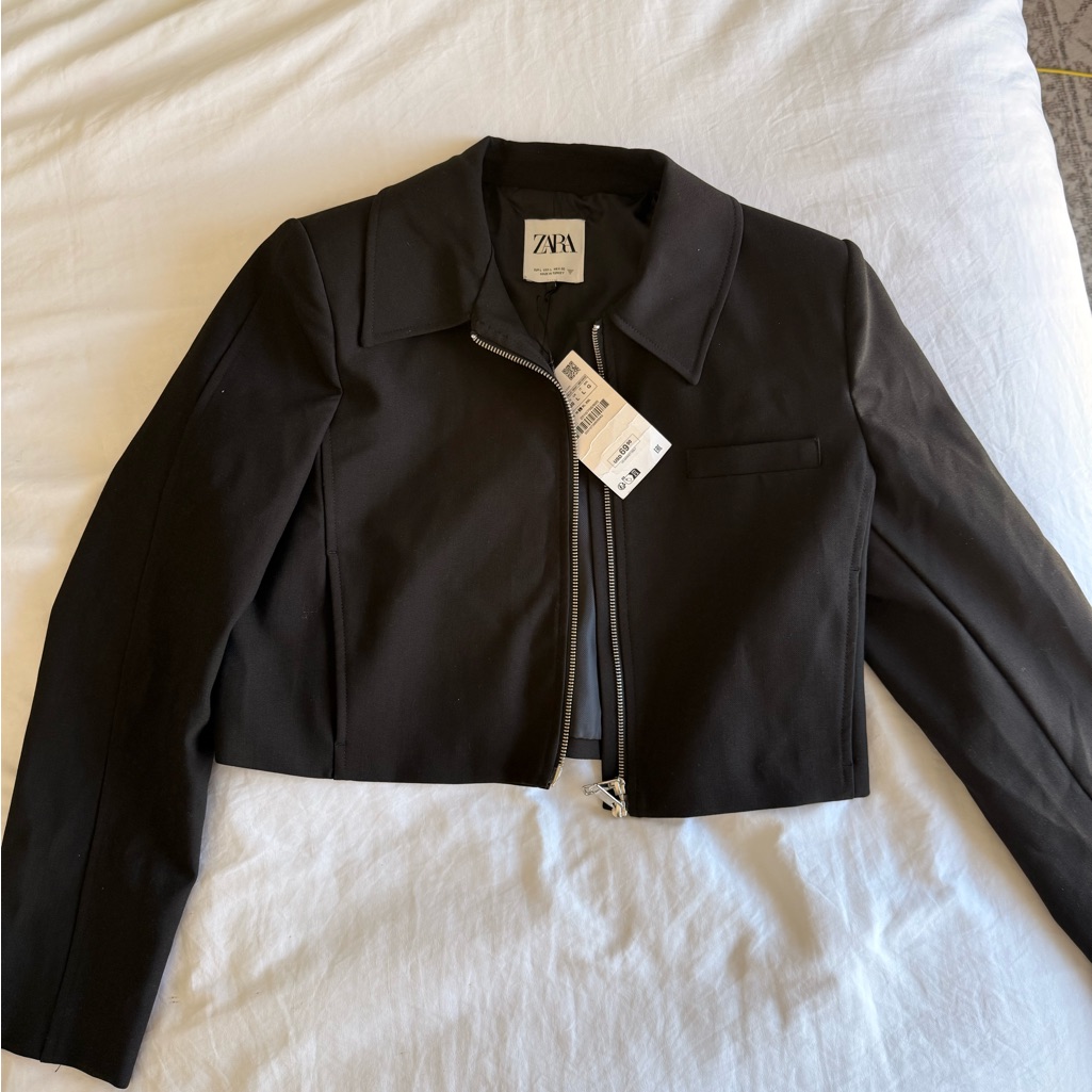 Zara Black Cropped Zip-Front Blazer Jacket
